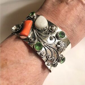 Coral Peridot Moonstone 925 Sterling Silver Cuff Bracelet